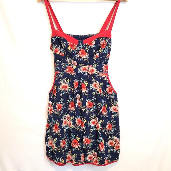 City Triangles Juniors Size 11 Blue & Red Floral Dress with Tie & Pockets Lined - Picture 1 of 13
